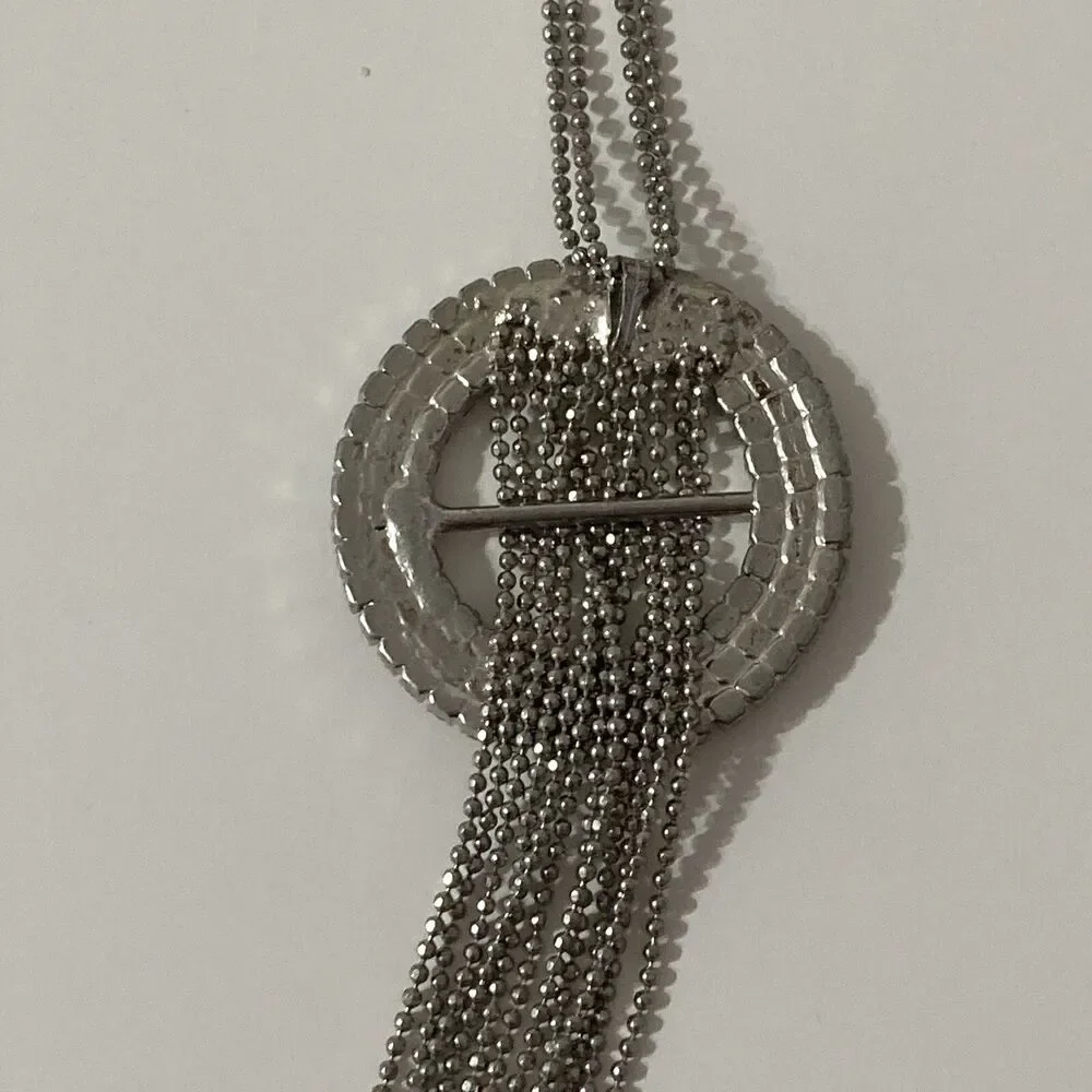 Silver Tone Long Round Circular Rhinestone Tassel Pendant Chain Necklace